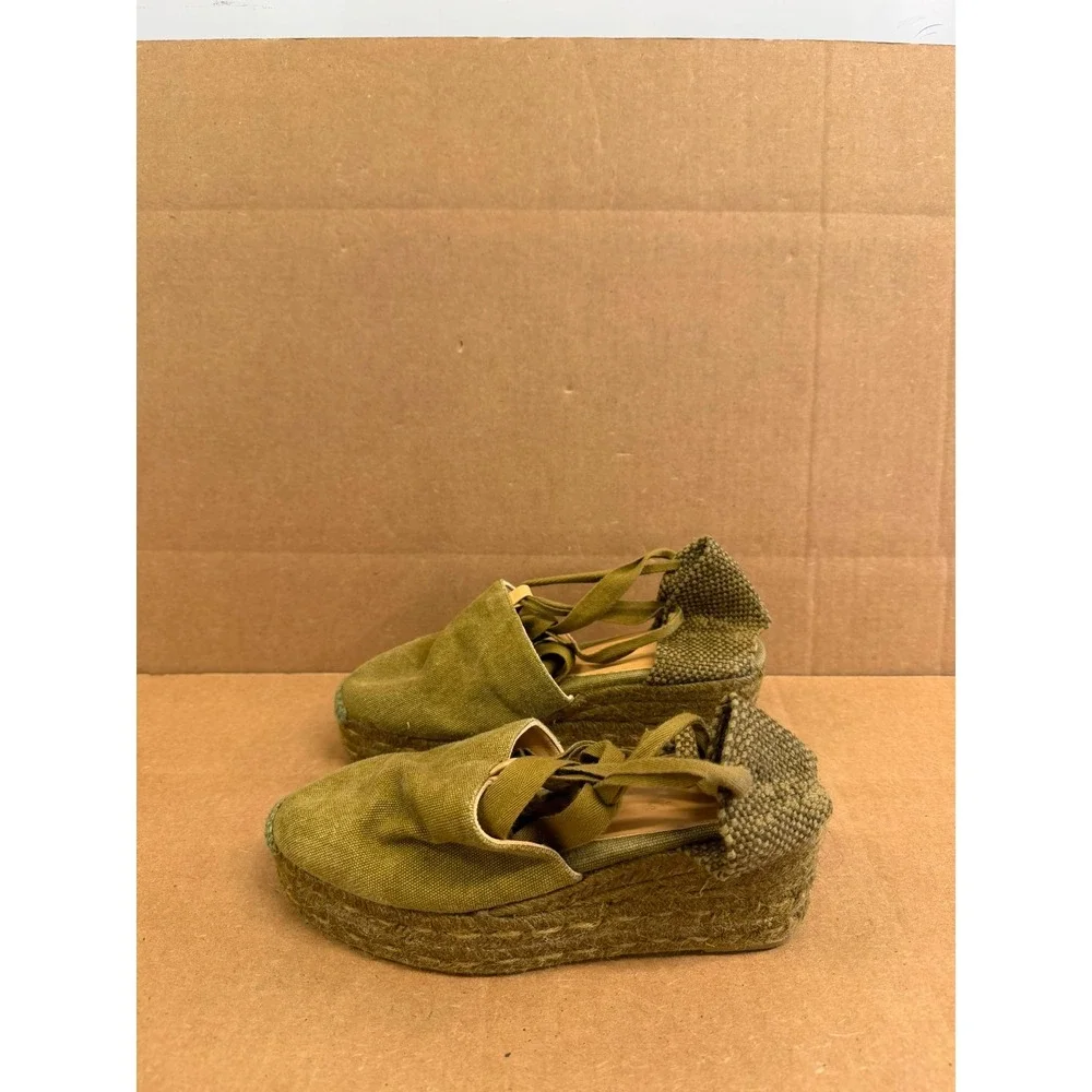 Castañer Canvas Wege Platform Espadrilles Sandals Olive Green Womens Size 37 EU